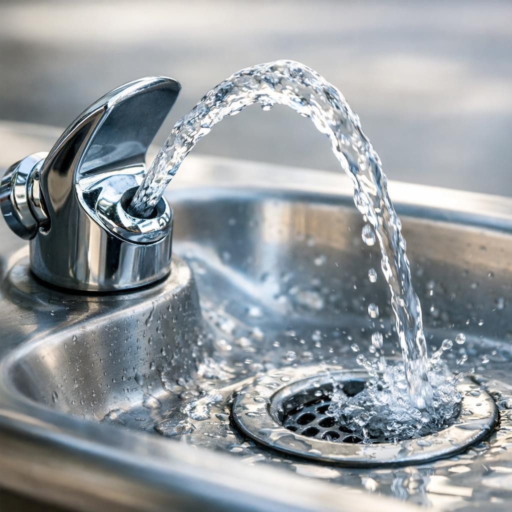 Water flowing from a metal outdoor drinking fountain into a basin drain